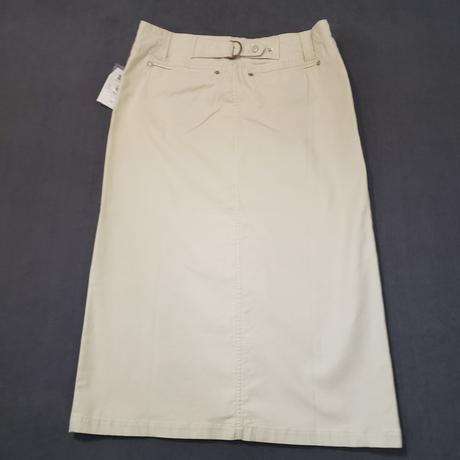 Faded Glory Skirt Womens Size 14 Buckle Back Maxi Skirt Front Slit Cotton Khaki