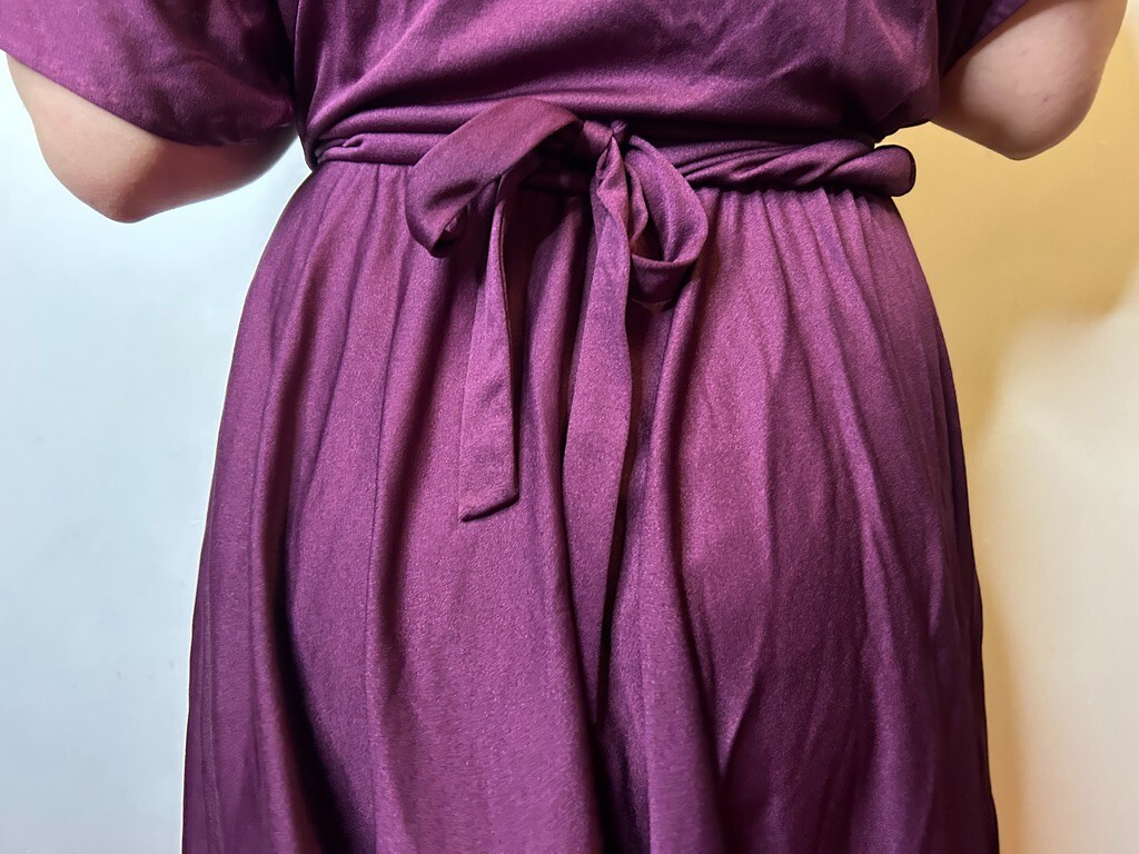 Vintage 1980s Purple Mauve Slinky Blouson Dress Belt Tie Yoke Midi Evening AU 14