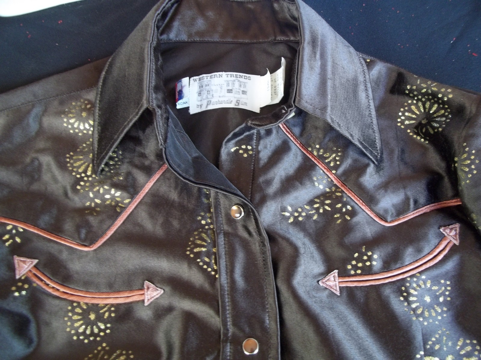 Vintage Panhandle Slim Western Shirt S-M Arnel Brown Gold Metallic Snaps 70s 80