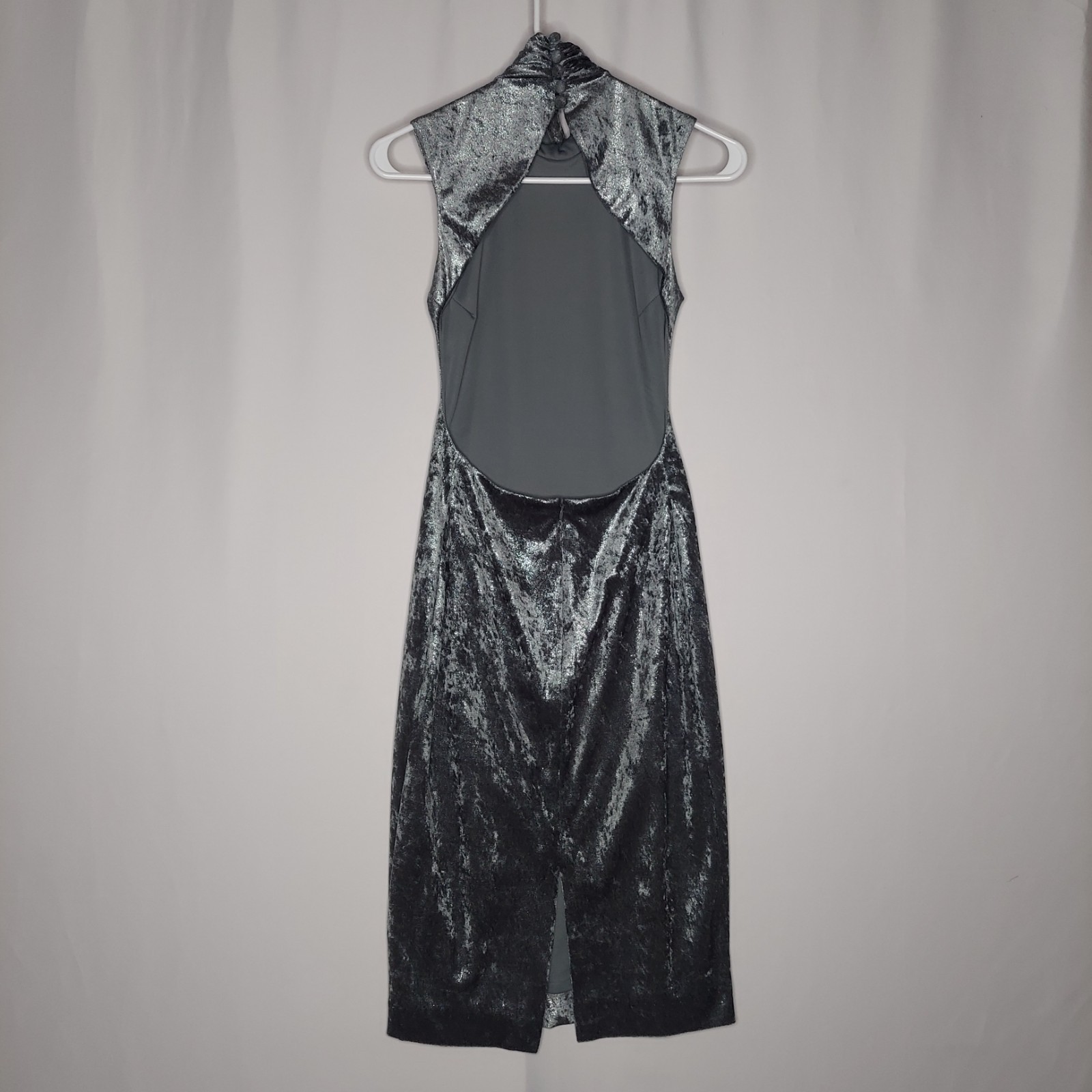 De Laru Sheila Yen Velvet Open-Back Midi Dress Jr 3/5 Gray Sheath 90s Formal