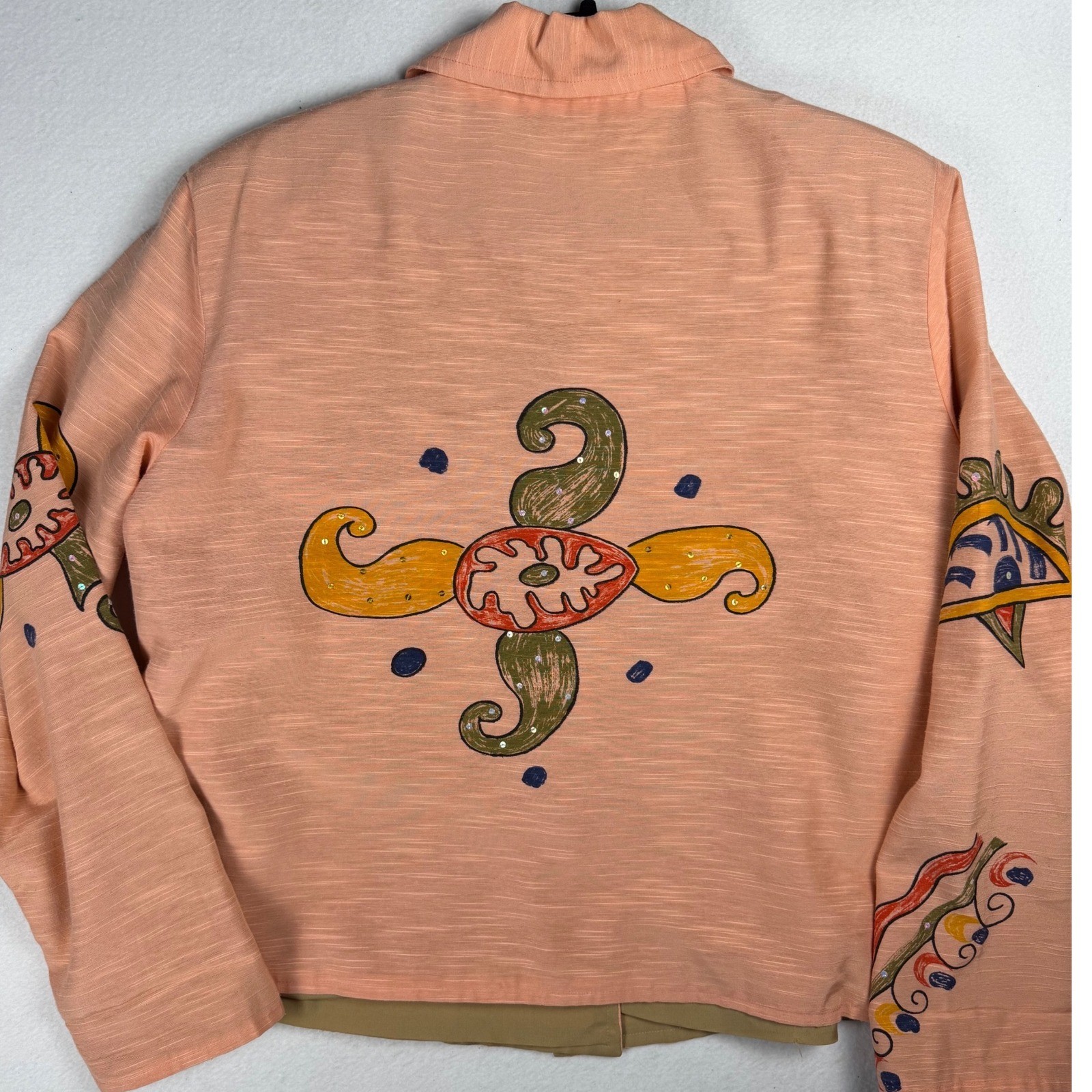 Vintage Alex Kim Silk Jacket Salmon peach Abstract Hand Painted Sequin Large