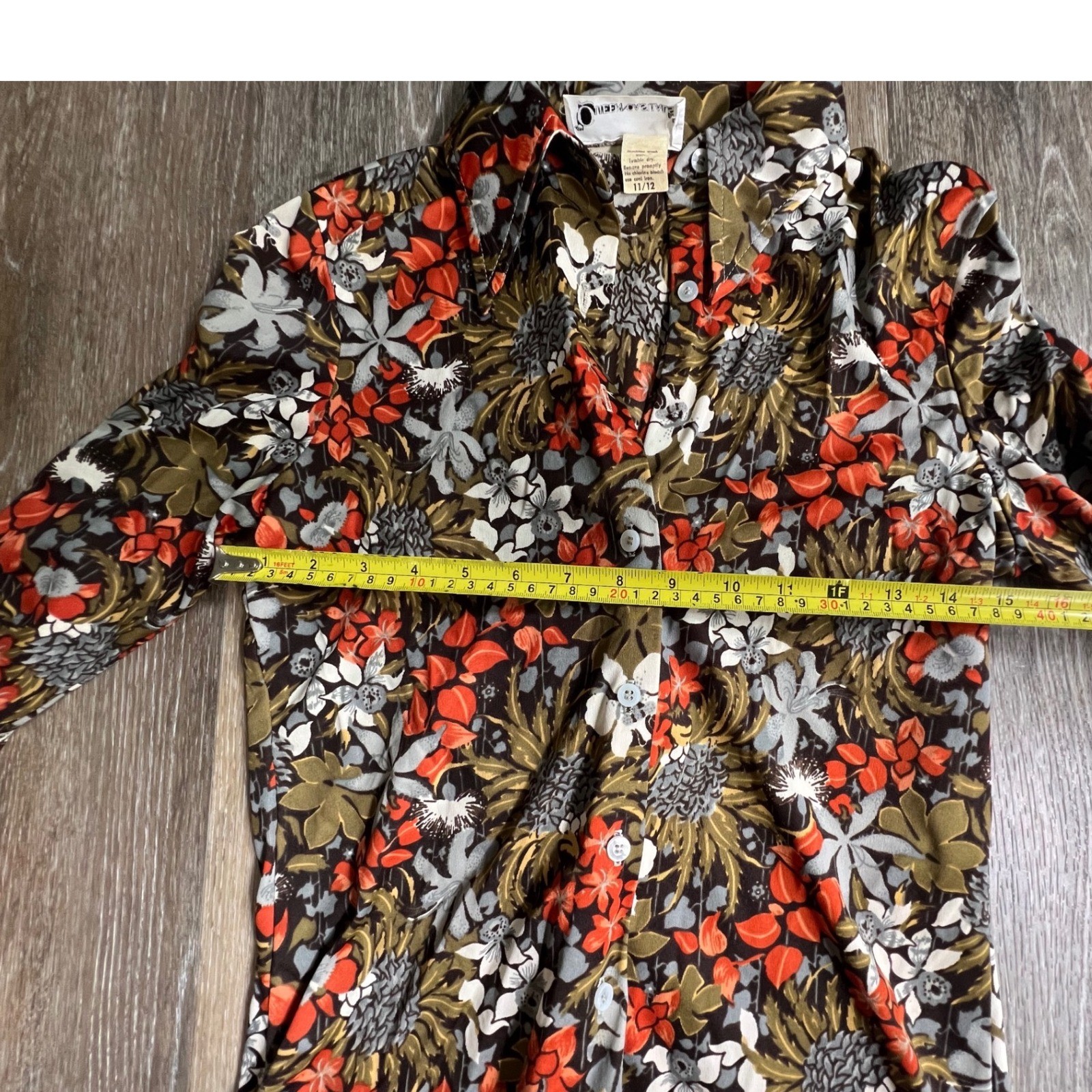 Queen Casuals Button Down Blouse Womens 11/12 Brown Orange Floral 70s Vintage
