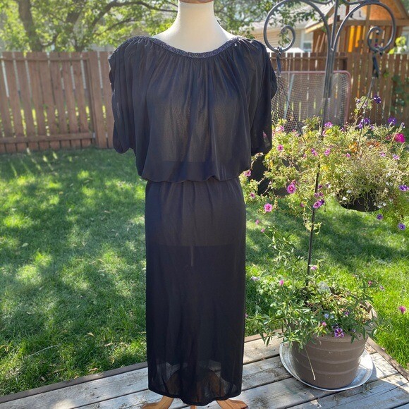 Vintage 70s Black Evening Dress Sparkle Rope Trim Split Cap Sleeve Tall Girl