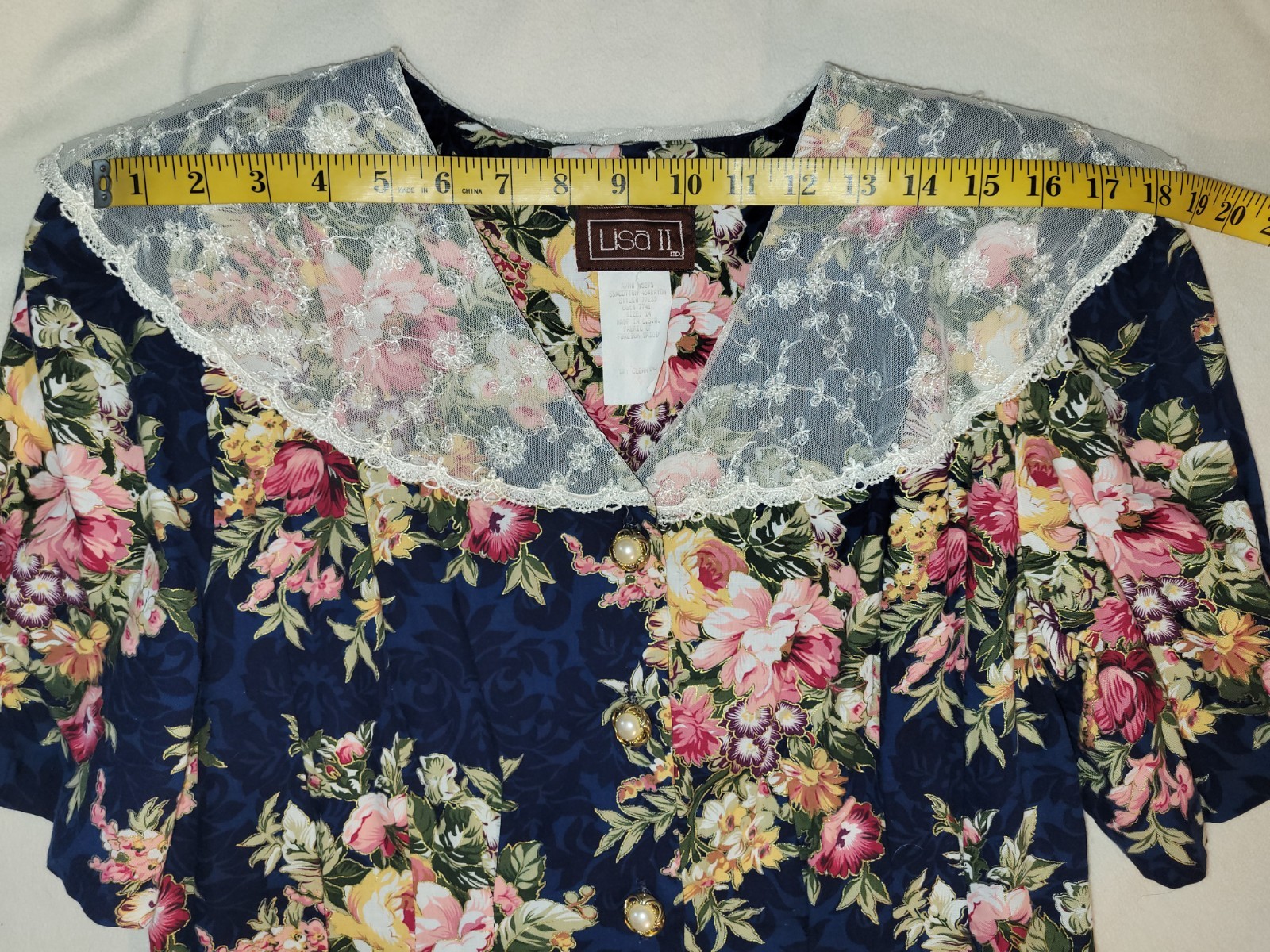 Vintage 80’s Floral Lisa II 14P Blue Modest Dress Retro Lace Collar Garden Party