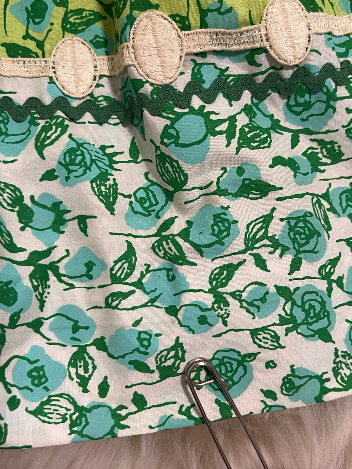 Vintage 1960s Lilly Pulitzer Dress Blue & Green Florals Rickrack Trim Tie Back