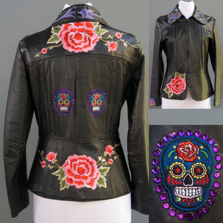 VTG Black Leather Jacket Mexican Day Of The Dead Applique Hand Painted S M