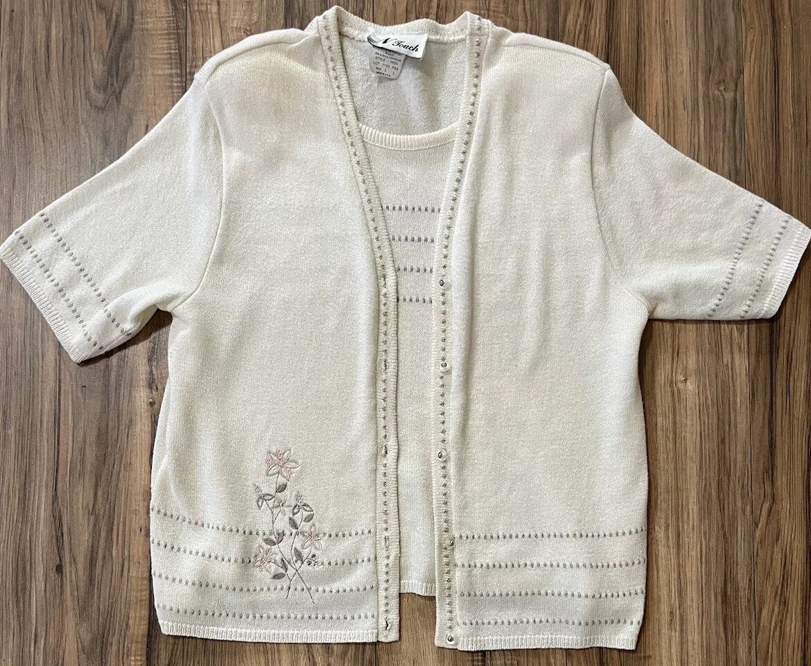 Vtg N Touch Women’s Size L Ivory Cardigan Sweater Short Sleeve W/Shoulder Pads