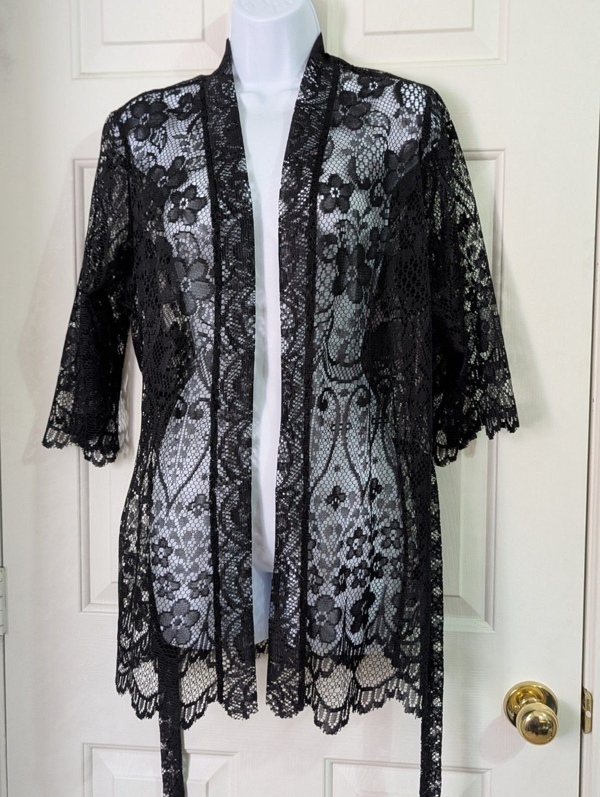 VTG Lace Duster Robe Cover Up Womens Large Black Tie Belt Lightweight Sexy Sheer