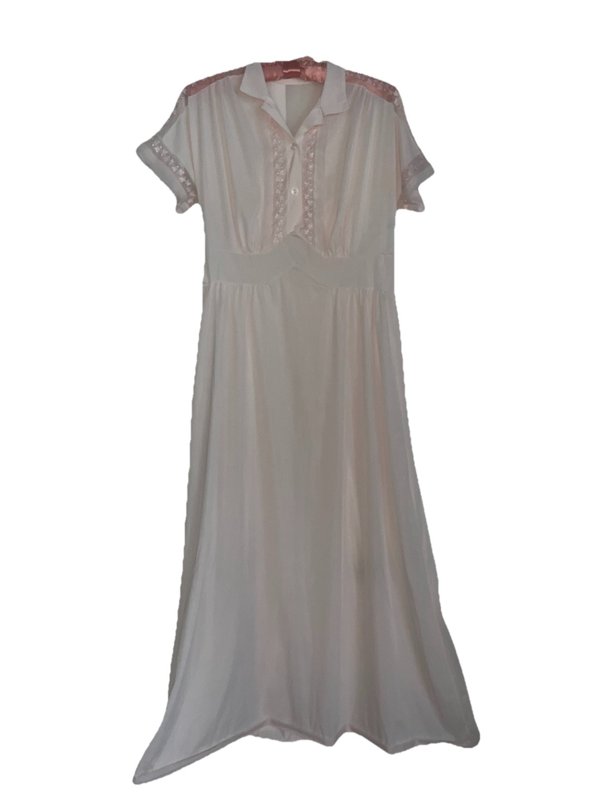 Vtg Kayser Pale Pink Maxi Slip Sz 36 Collared Short Sleeve Satin Chiffon Lace