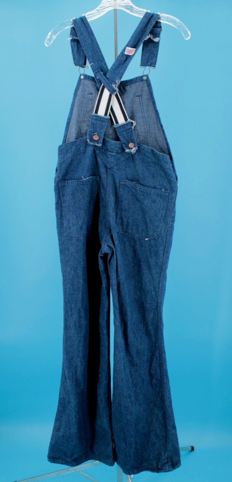 VTG Women’s 70s Dark Blue Denim UFO Bellbottom Overalls Sz XS/S 30″ 1970s