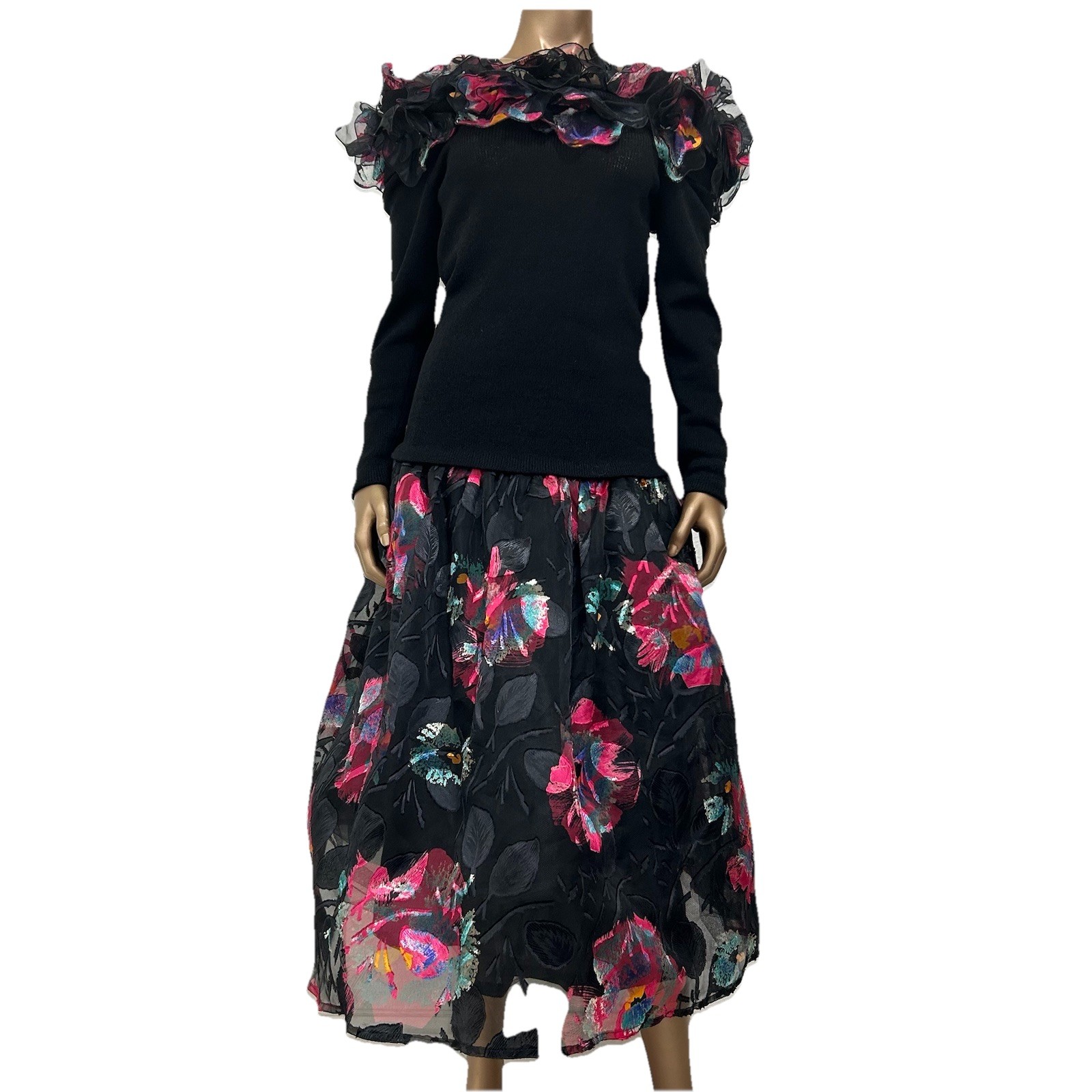 Vintage 80s Raul Blanco Black Pink Tulle Floral Sweater Chiffon Skirt Set Sz XS