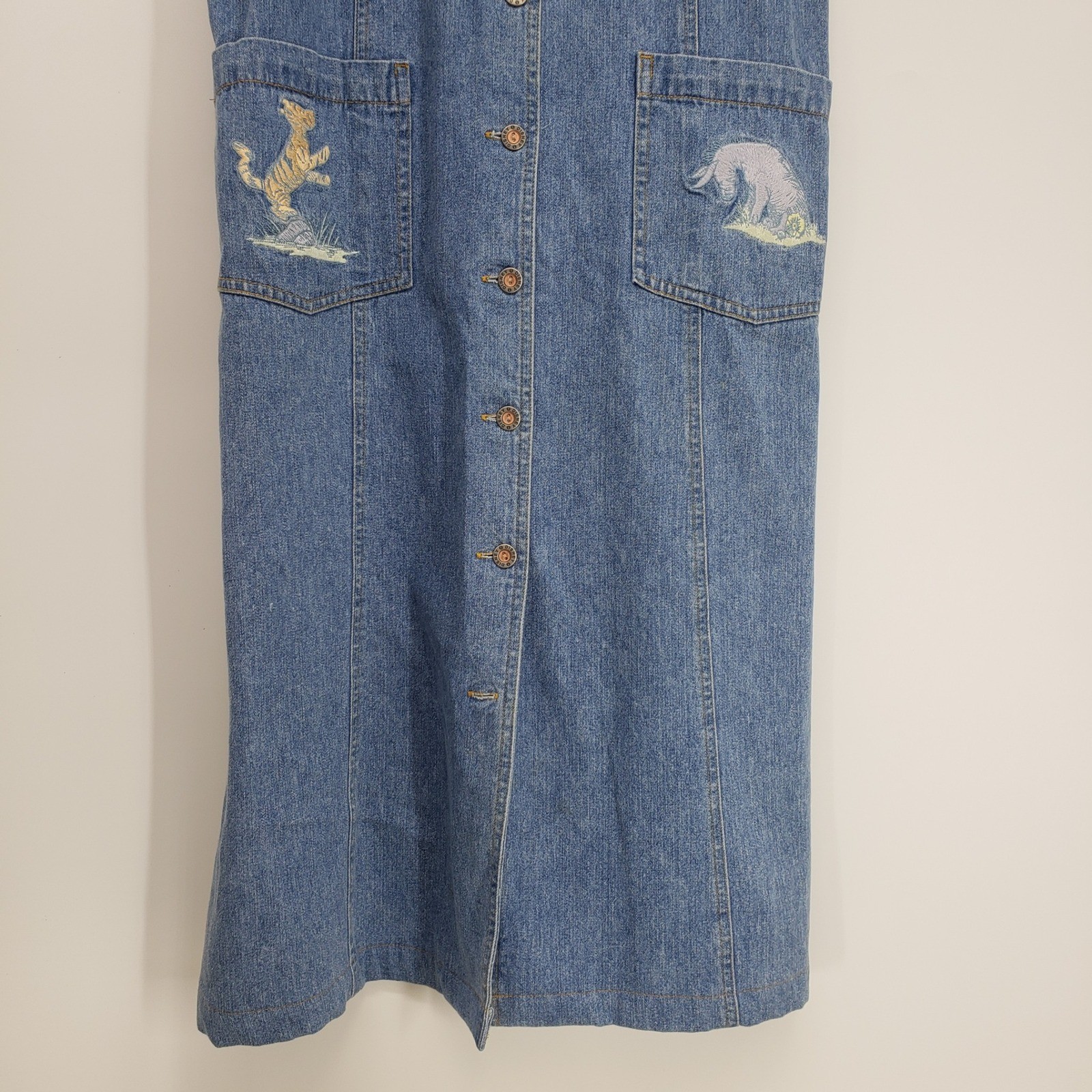 Vintage 90s The Disney Store Winnie the Pooh Denim Jumper Dress Women M Blue