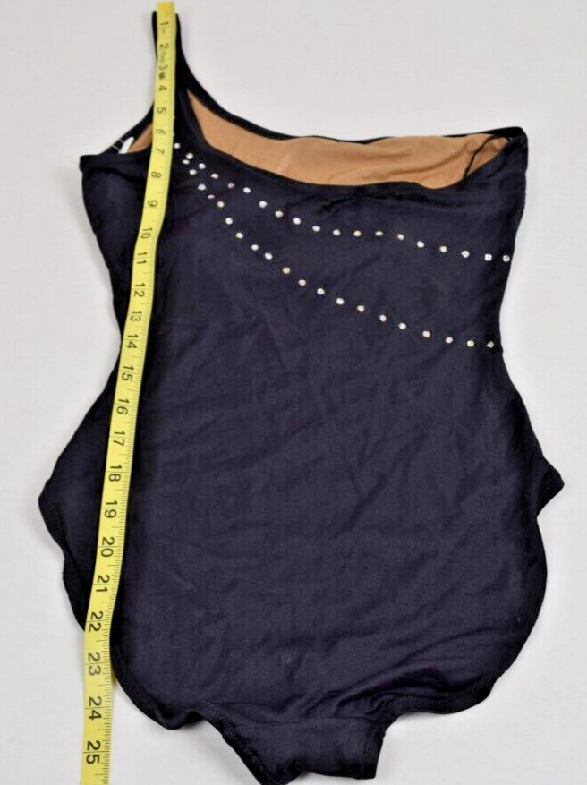 Vintage Swimsuit DeWeese Size 10/32 S/M 60s Black Rhinestone Stripes 1 Shoulder