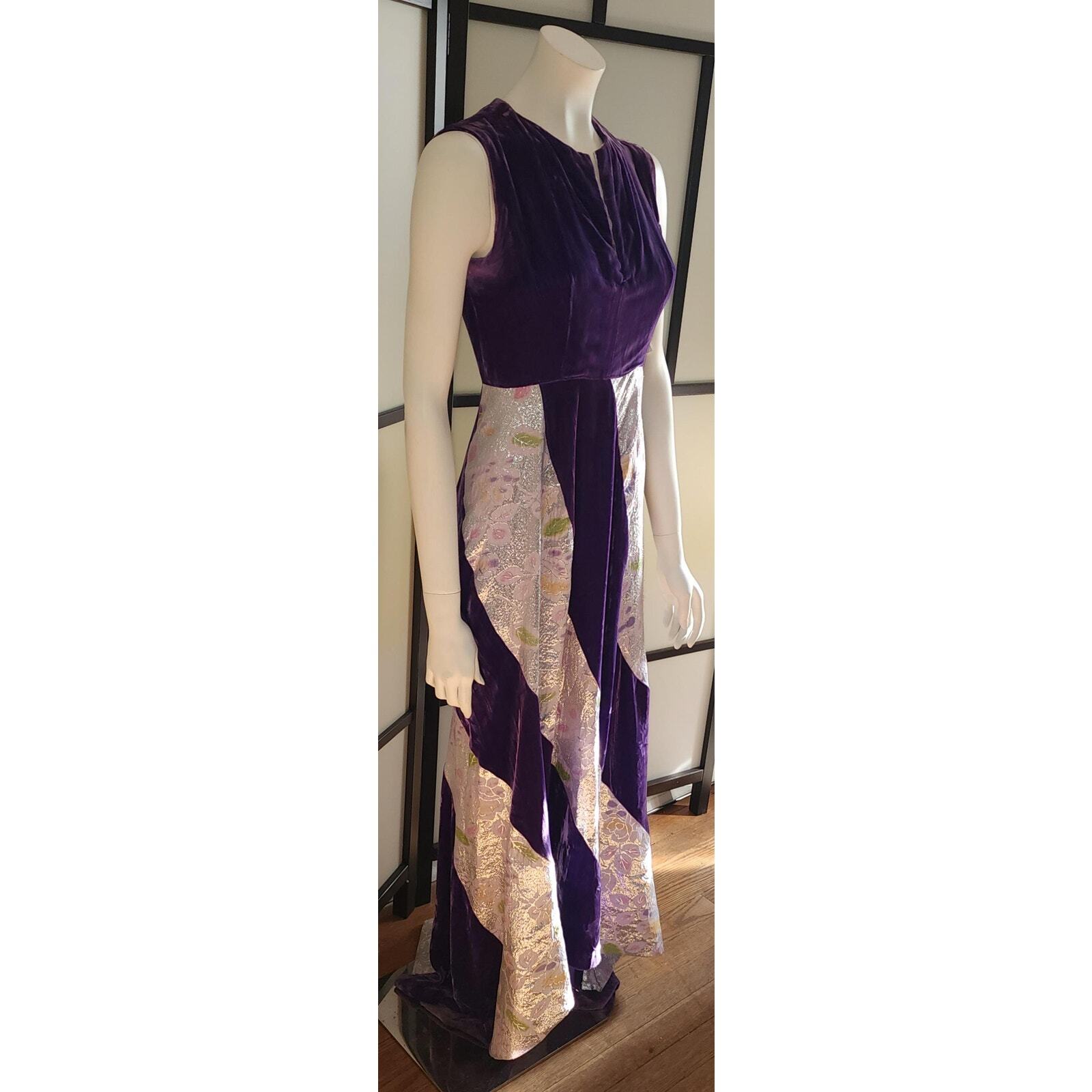 Vtg 60s Long Purple Velvet Gown Silver Metallic Insets Bias Skirt New Orleans S