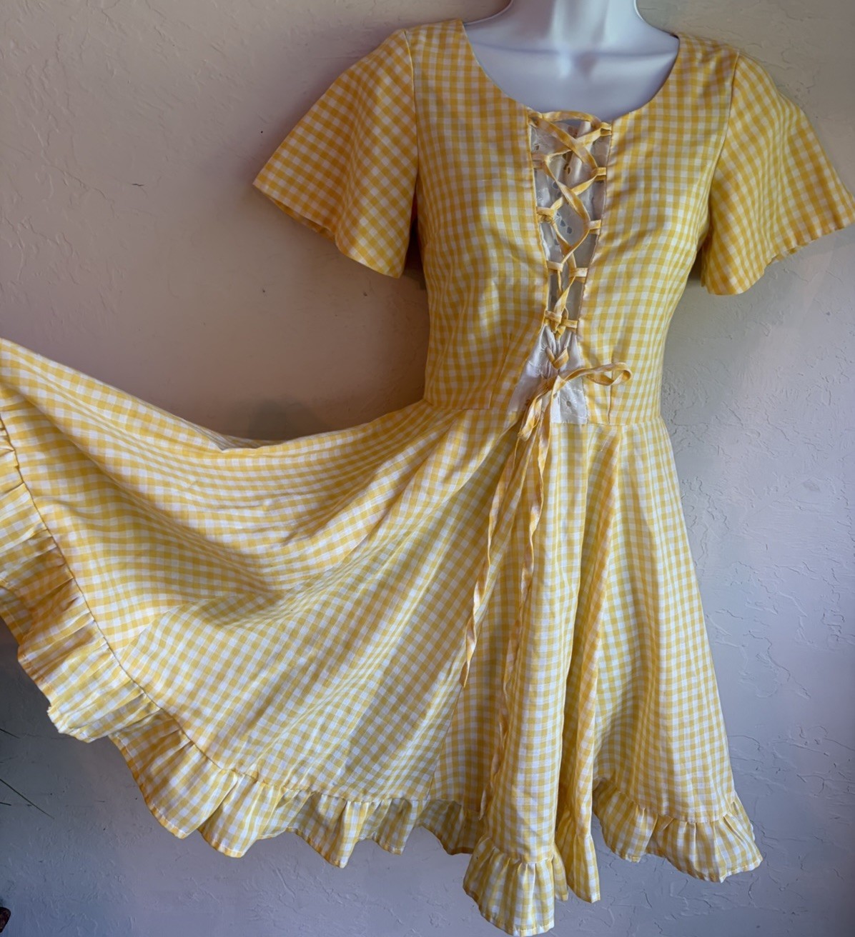 Vintage 60s 70s Handmade Gingham Ruffle Lace Up Dress S Prairie Yellow Milkmaid