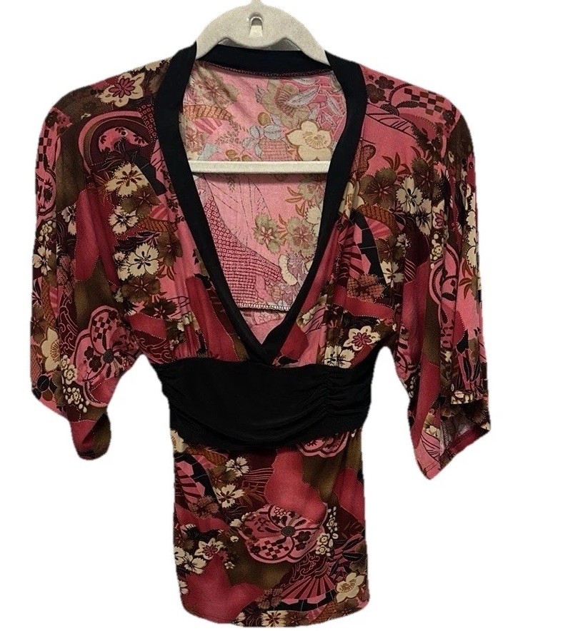 Vintage Asian V Neck Blouse Womens Size Medium Retro Y2K Top Floral Print Hippie