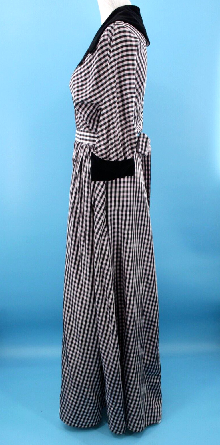 Vtg Womens 40s Black & Pink Checked Gown W/ Velvet Trim XS/S 1940s Taffeta Dress