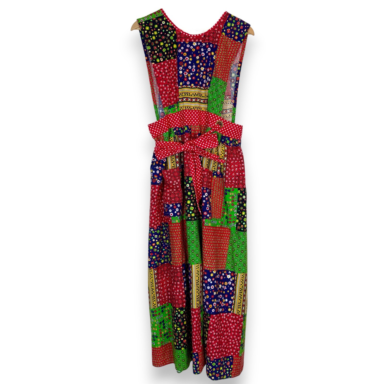 Vintage Design House Pinafore Dress 70s Red Green Patchwork Cottagecore Prairie