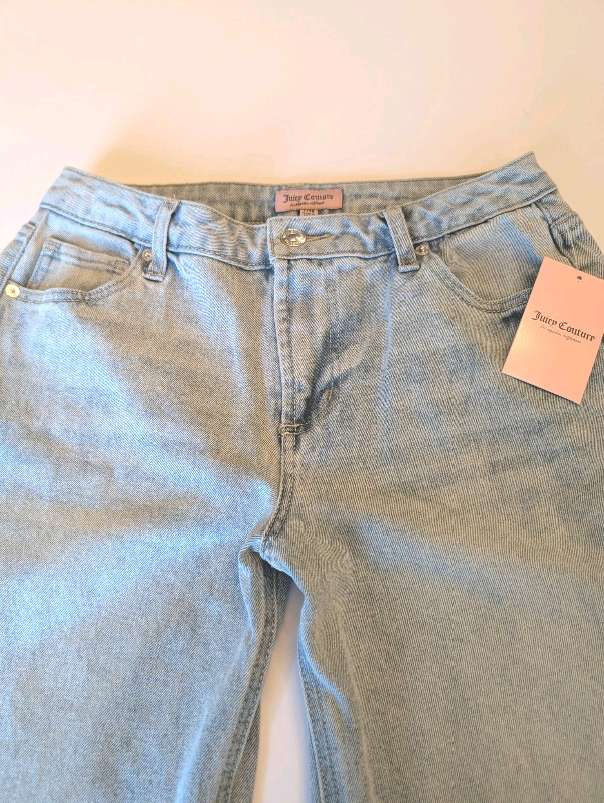 Juicy Couture Light Wash Rhinestone Embellished Jeans 7/28 Wide Leg Hi Rise Y2K