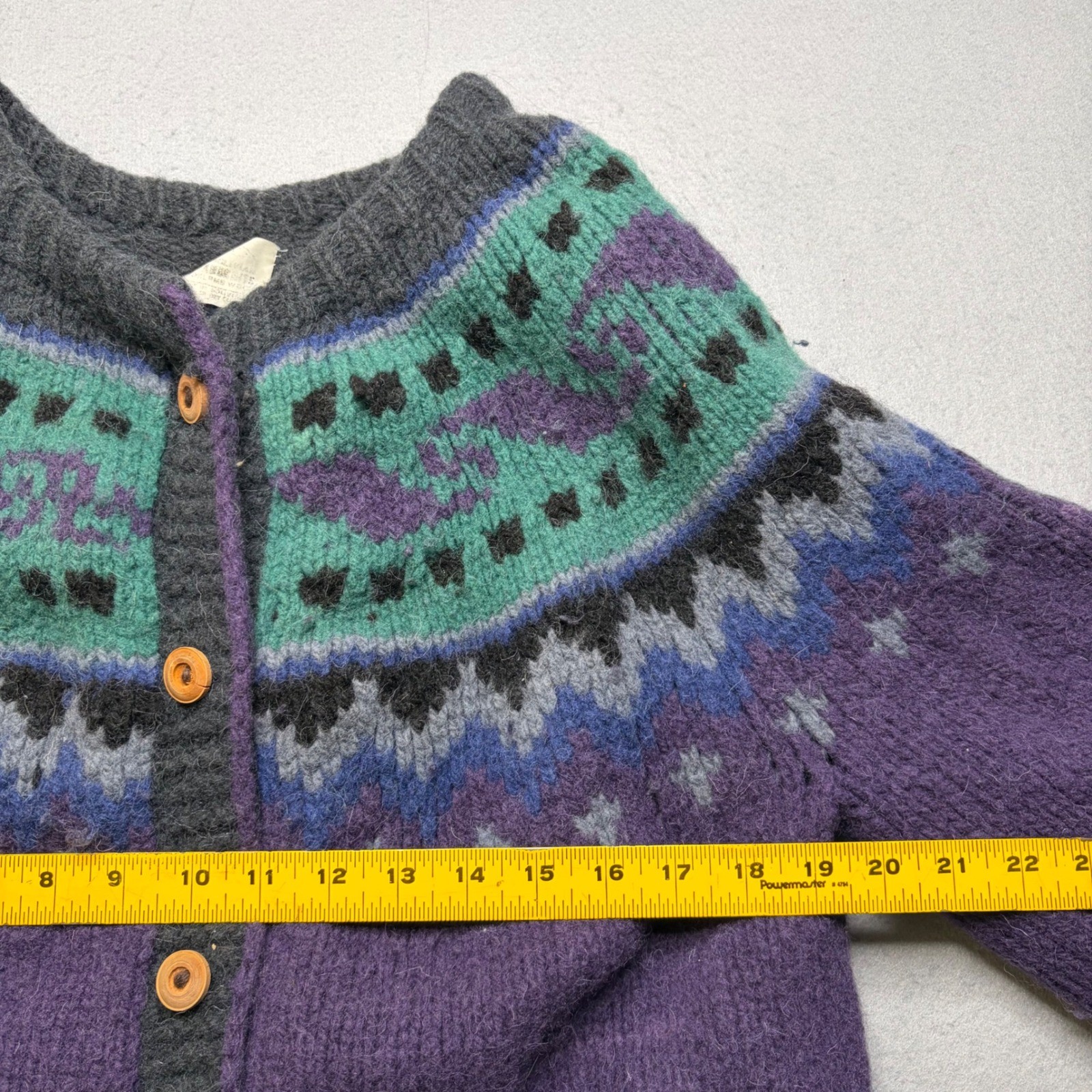 Bolivian Hand Knit Cardigan Women L Purple Teal Fair Isle Wool Vintage Sweater