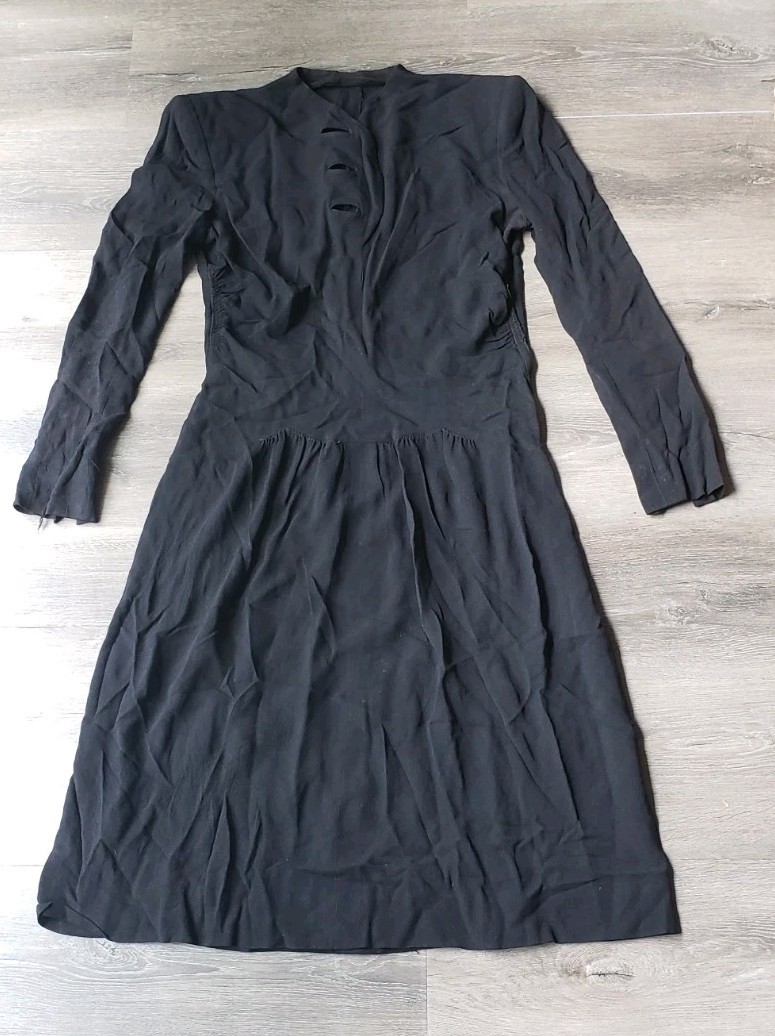 VTG 40s Black Crepe Dress Sz S? Deco Side Zip Study PROJECT DAMAGE STAINS AS-IS