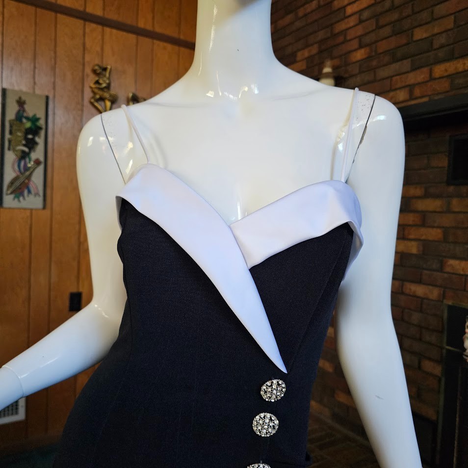 Vtg 90s Cache Tuxedo Plunging Evening Cocktail Party High Slit Wiggle Dress S/M
