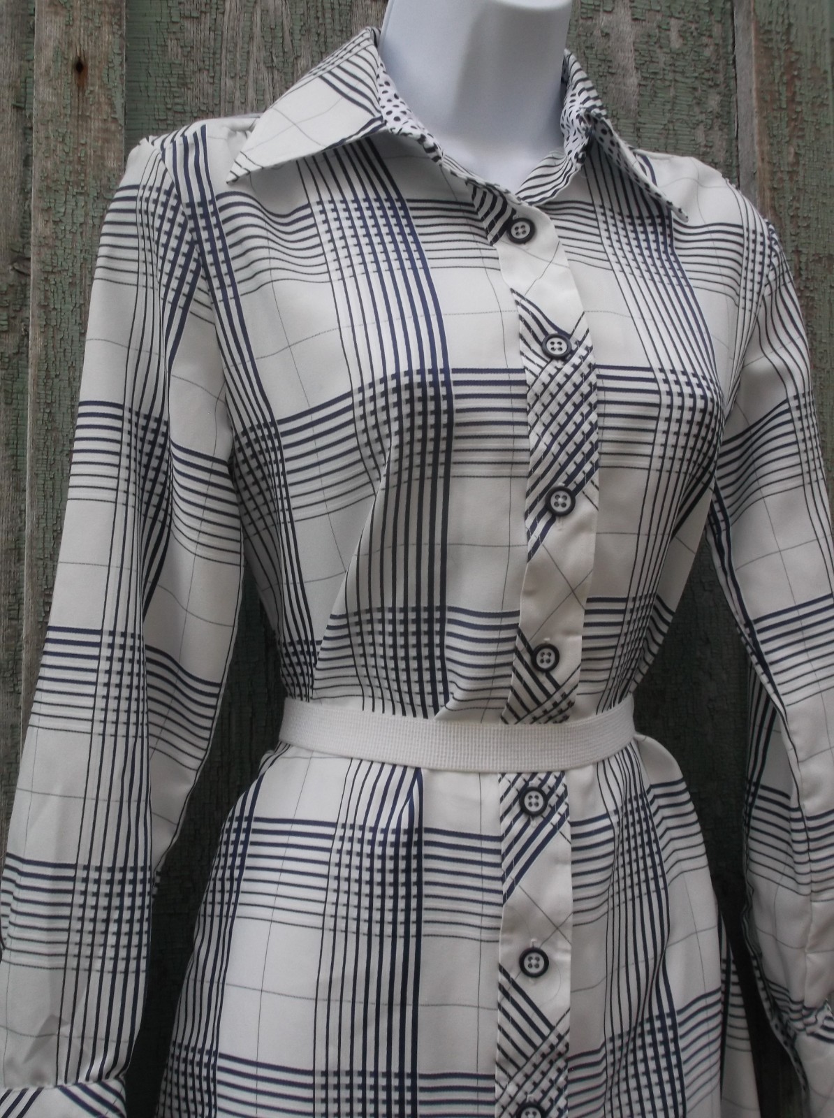 Vintage 70s S/M „Shirtmaker” Shift Shirtdress Navy White Plaid Dress Sz 10 VFG