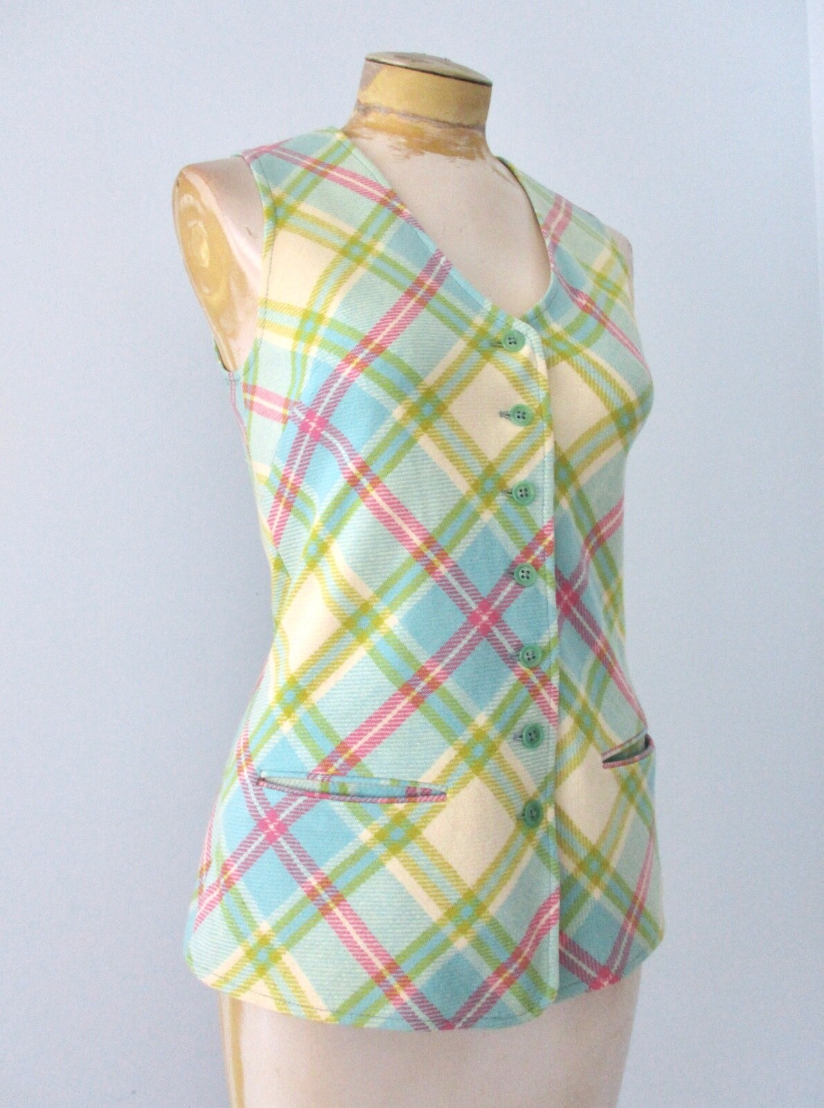 Vtg 60s Mod Blue Pink Green Plaid 2-Pc Bell Bottom Flare Leg Vest Pant Suit 7