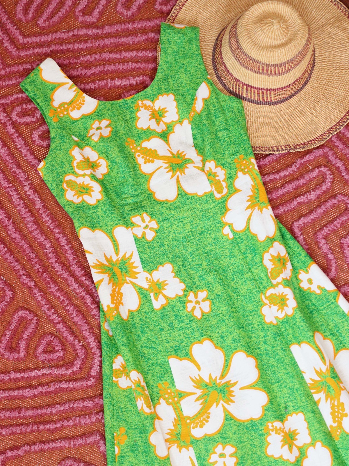 VTG Robin Art of Hawaii Green Hawaiian Barkcloth Dress 1970s Maxi Cotton dress