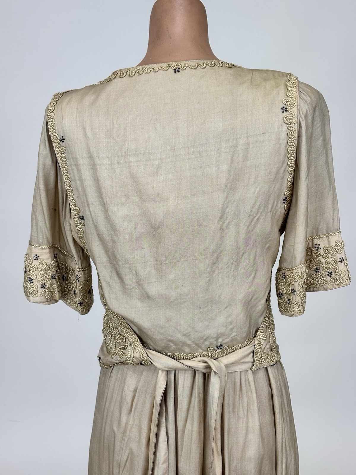 Antique Edwardian 1910s Beige Silk Day Dress Cording Blue Beads Wrap Bodice