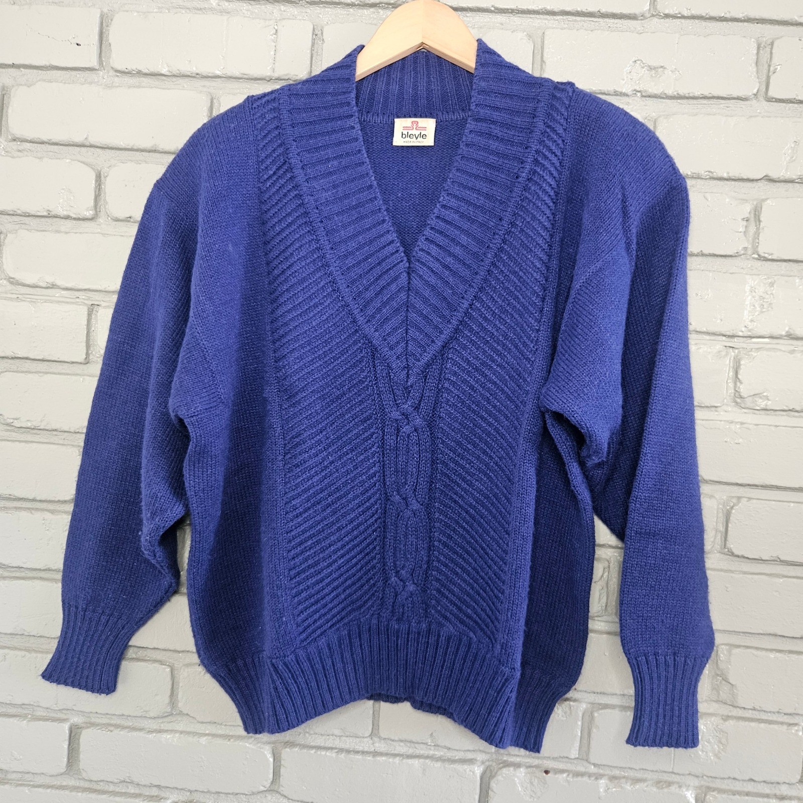 Bleyle Vintage Blue Virgin Wool Blend V-Neck Cable Knit Sweater Made in Italy