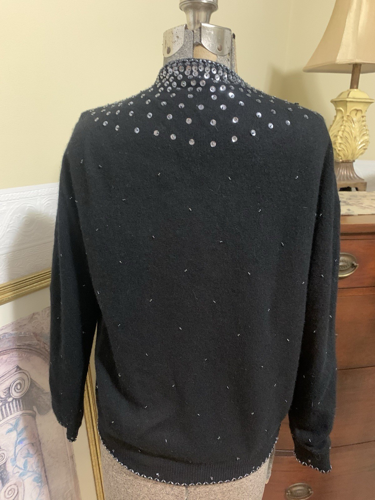 Vintage 60’s Black Beaded Sweater Silver Sequined Wool Blend Size 42 USA 10