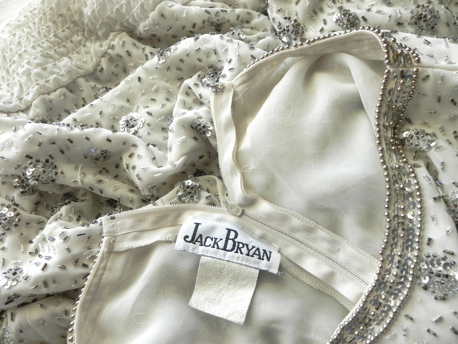 Vtg Jack Bryan Tunic Sequin/Bead Chiffon Lined Long Sleeve Ivory Over-Sized 12