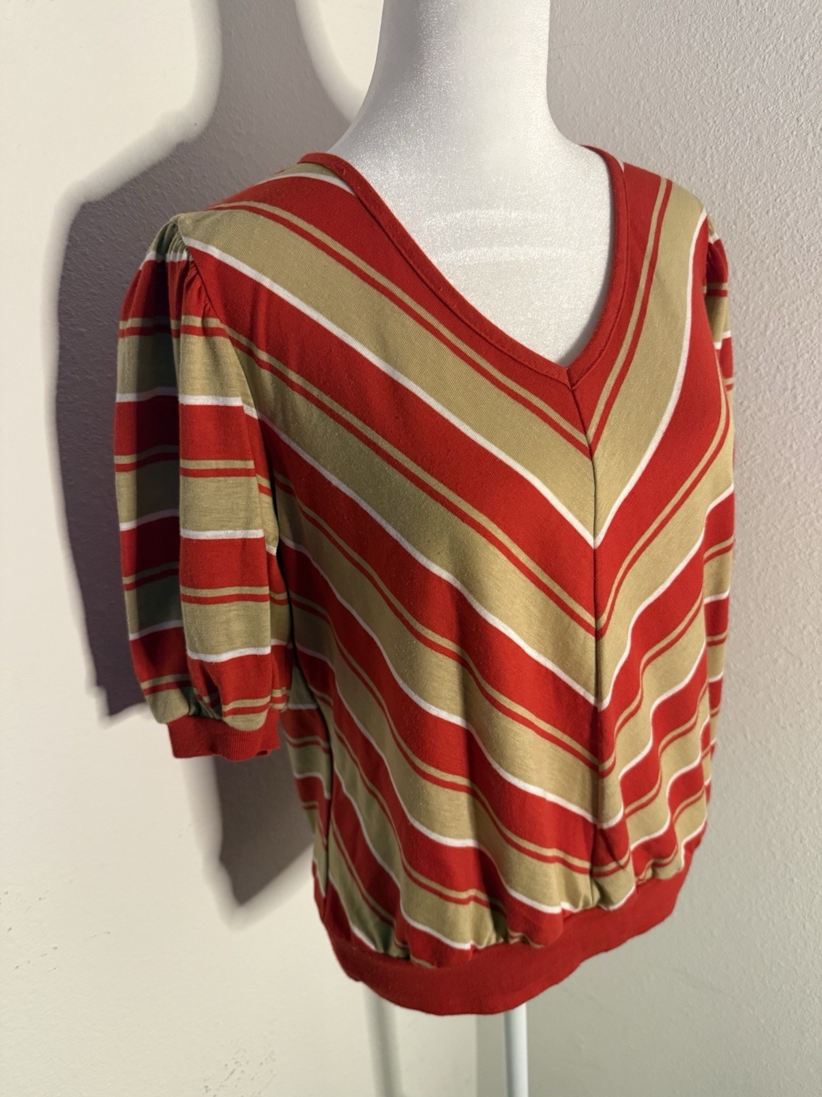 VTG 70s Sears The Fashion Place Chevron Blouse Banded Waist Shirt Puff Sleeve M