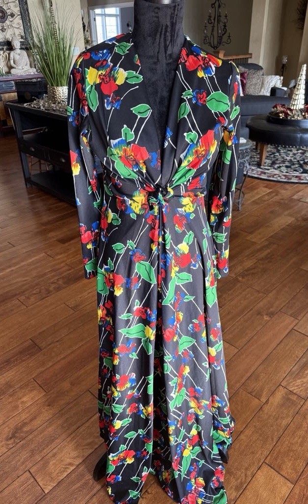 ILGWU Vintage 1960s Dress Long Sleeve V Neck Black Floral Print Maxidress