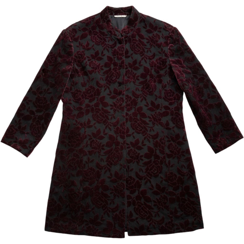 Coldwater Creek Duster Jacket XL Burgundy Silk Blend Velvet Floral Regencycore