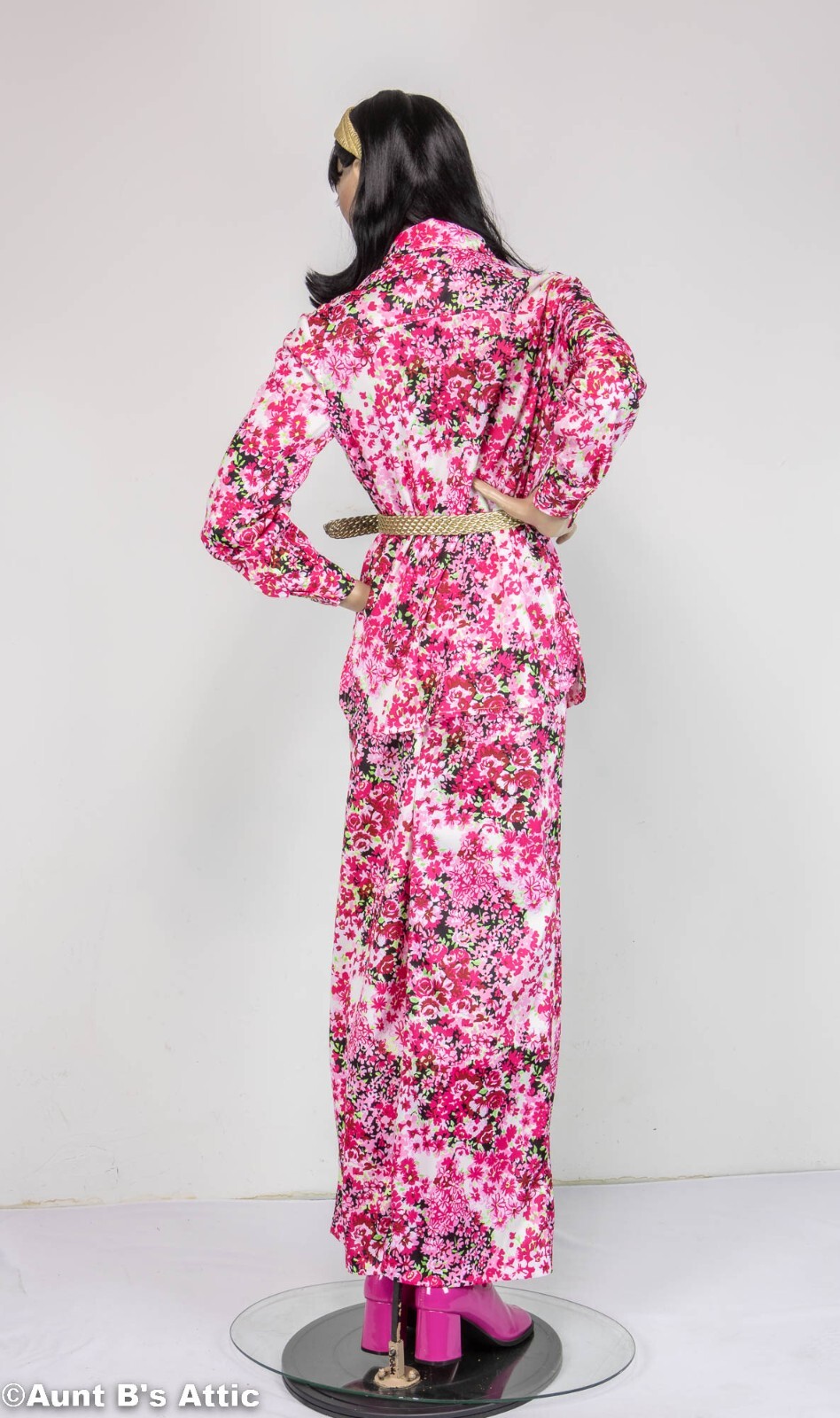 Vtg 70 s Barbie Style Pantsuit 4 Pc Pink Floral Top Pants Belt Headband Medium