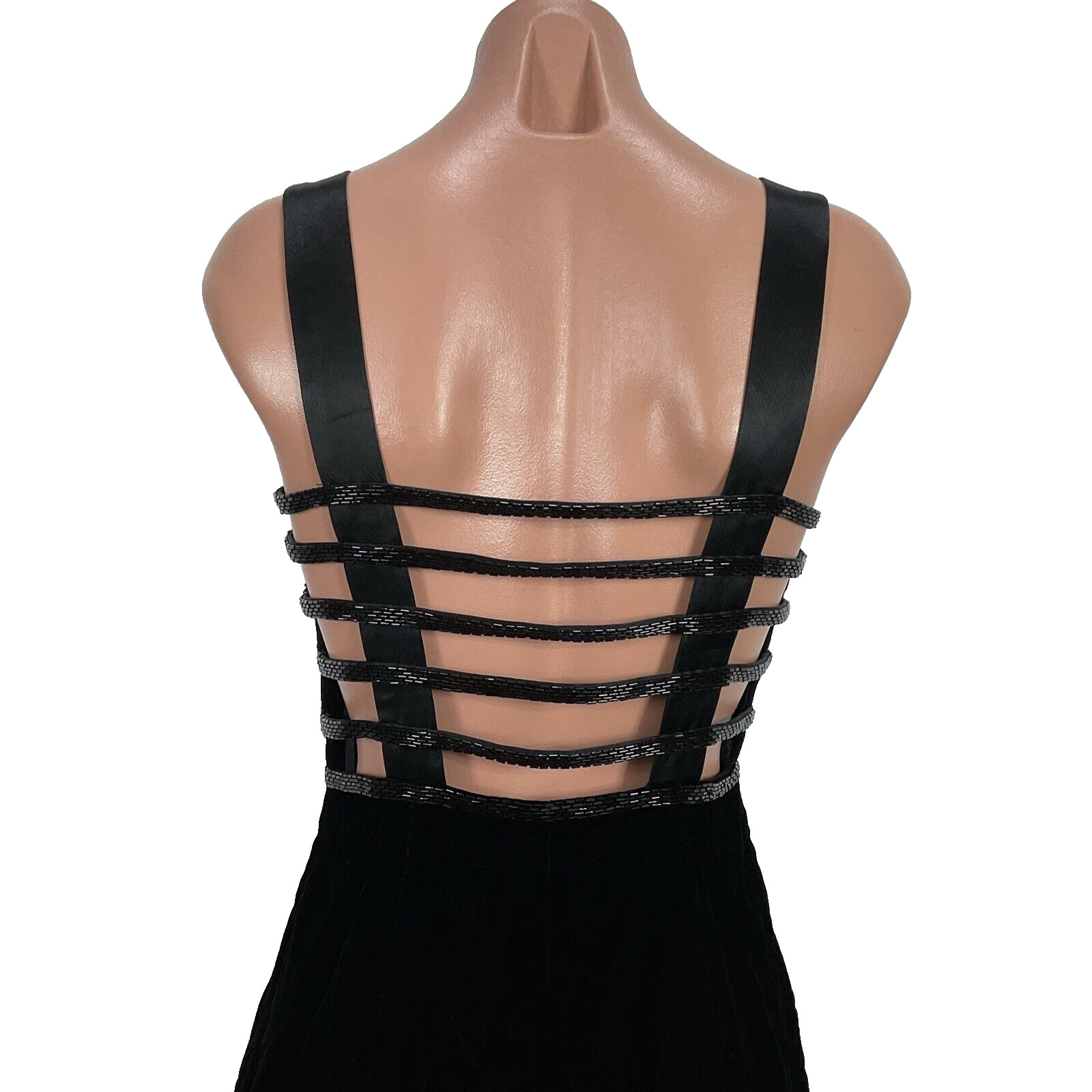 Vtg Nite Line Della Roufogali Beaded Strappy Black Velvet Dress Caged 4 90s