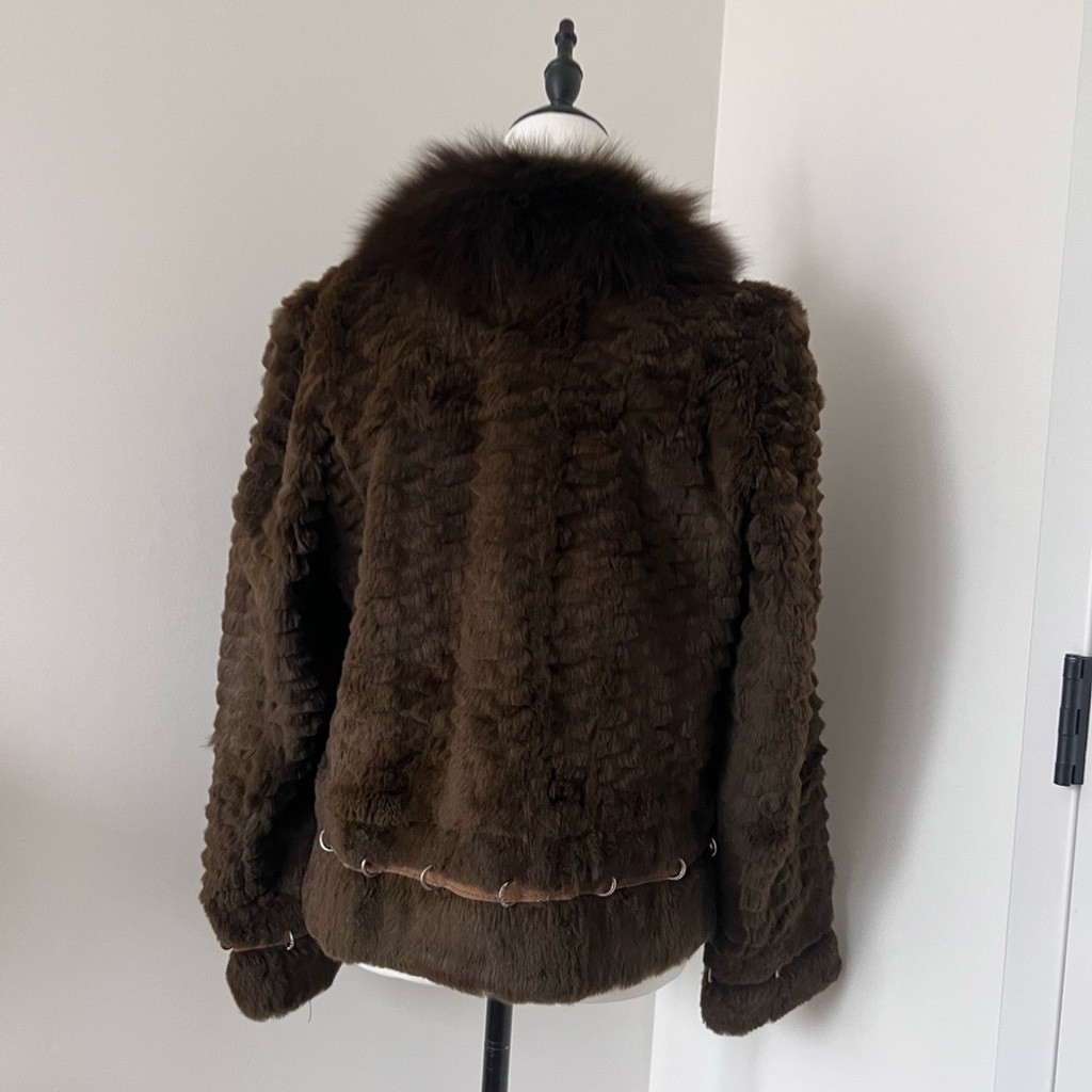 Vintage Brown-Green Real Rabbit & Fox Fur Jacket with Ring Details | Size M