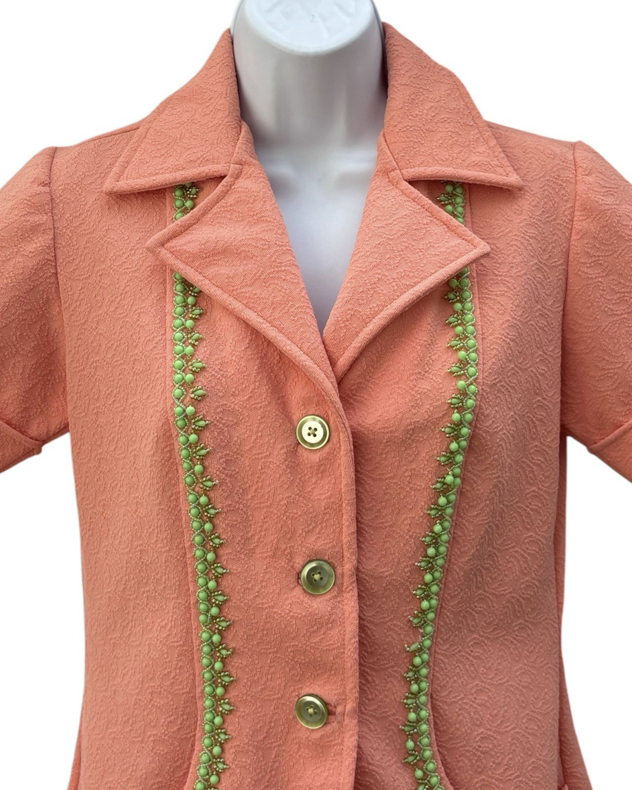 Vintage 70s Coral Beaded Jacket, Mrs Roper Style Polyester Knit Top S/M