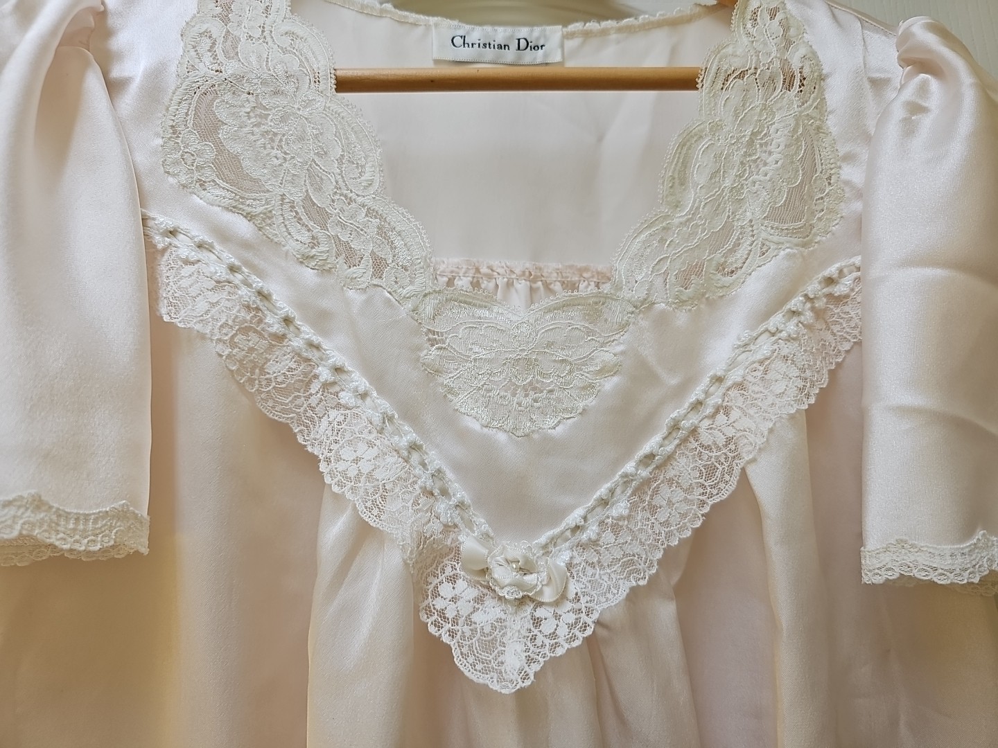 Vtg Christian Dior Silky Poly Satin Long Gown Ivory Pink Lace Detail ?Medium?