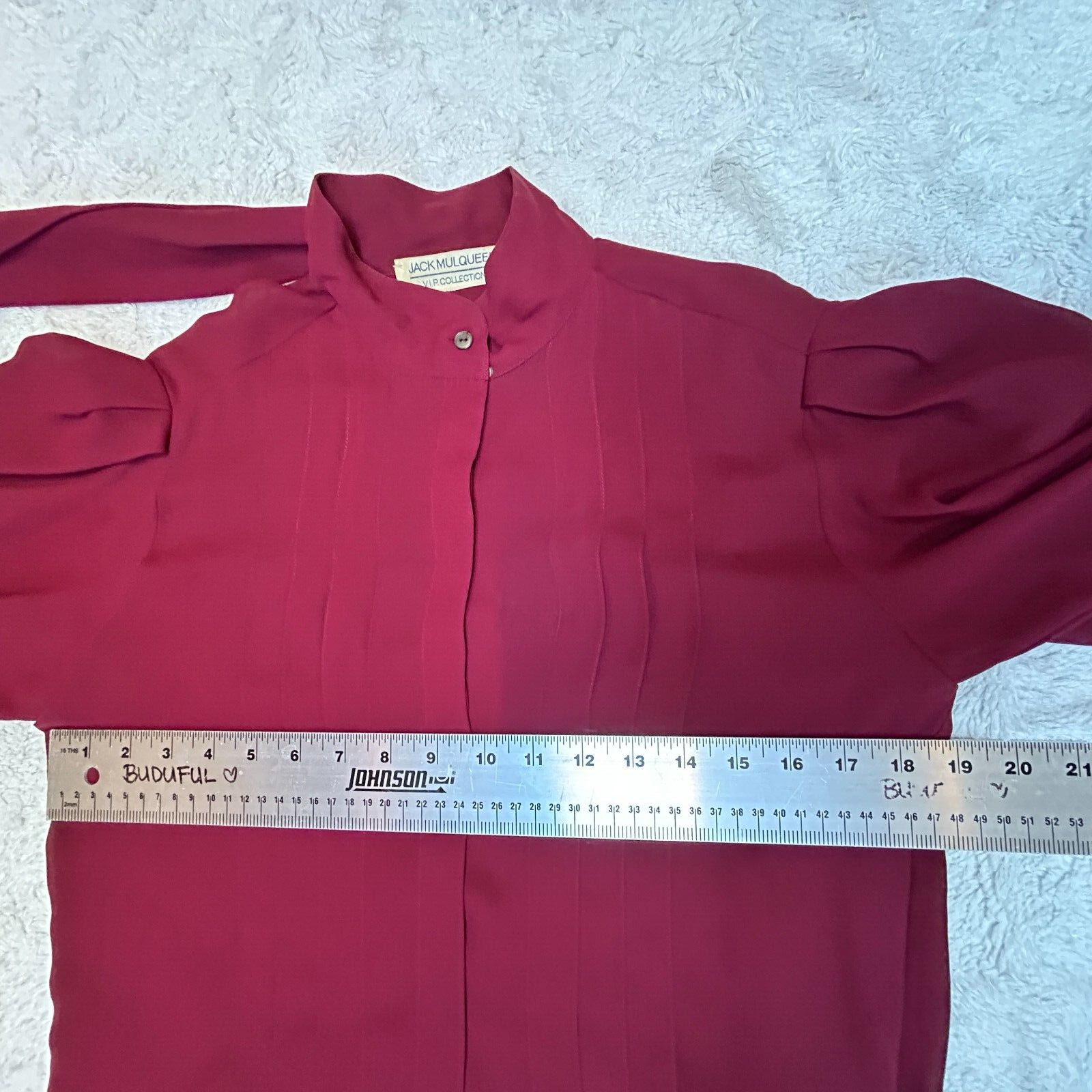 Vintage Jack Mulqueen VIP Collection Womens Maroon Ruched Sleeve Tie-Neck Blouse