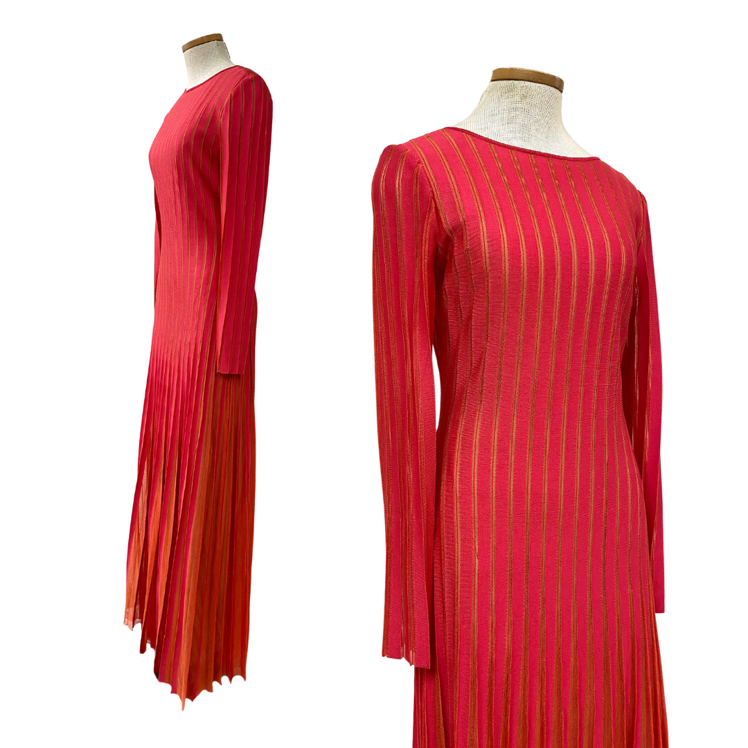 2021 St. John Magenta Pink Hot Pink Pleated Knit Luxury Scoop Back Maxi Dress