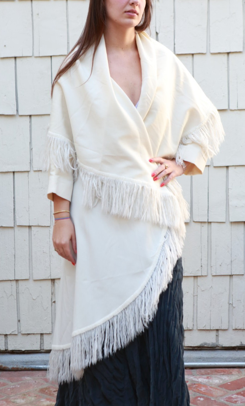 Vintage 70s Open Front Fringe Wrap Coat S/M Ivory Boho Stevie Nicks