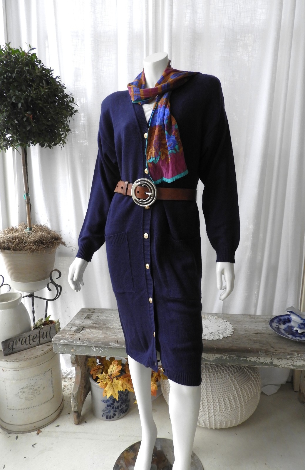 Vtg 1980’s Navy Blue Knit Sweater Dress Darian Petites Shoulder Pads sz M/L