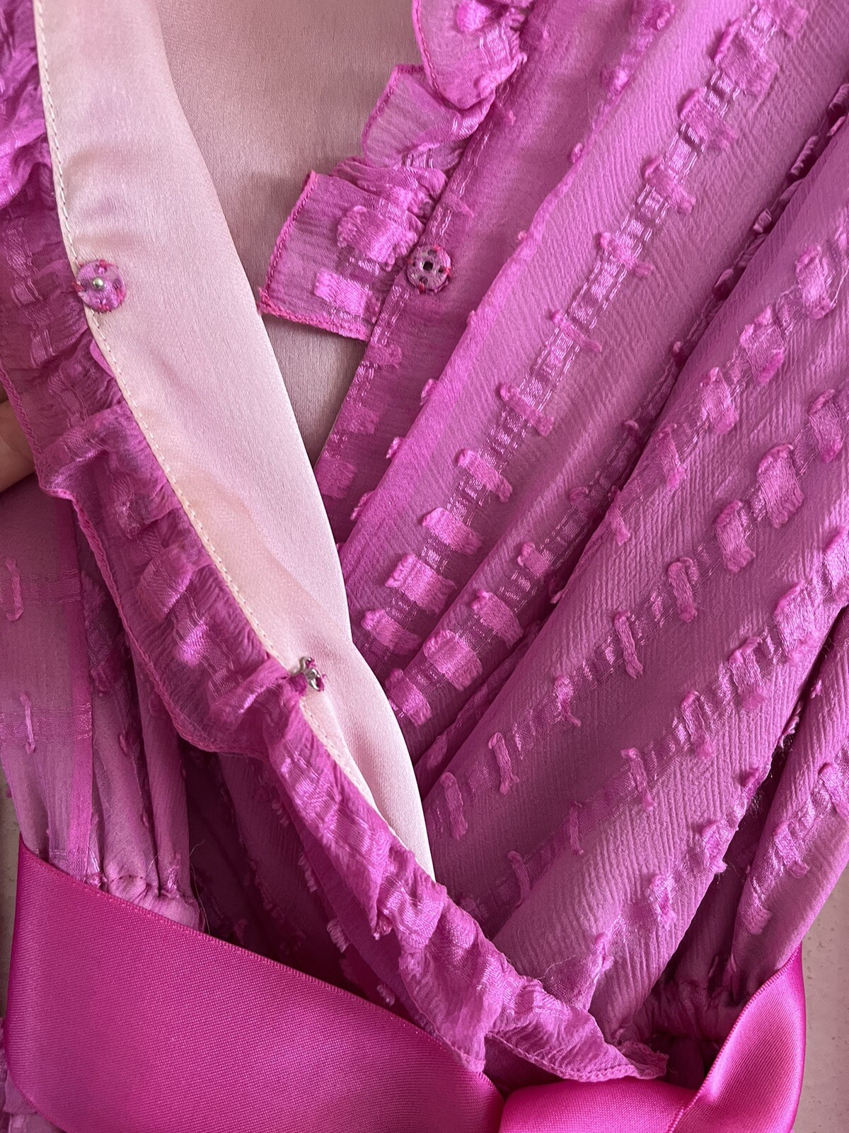 1980s Neiman Marcus Pink Sheer Ruffle Wrap Dress Ribbon Belt Petite Vintage