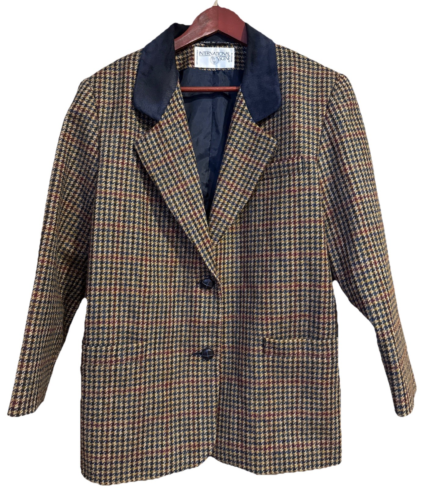 Vtg International Scene Wool Blazer Houndstooth Suede Collar Womens 10 Russia