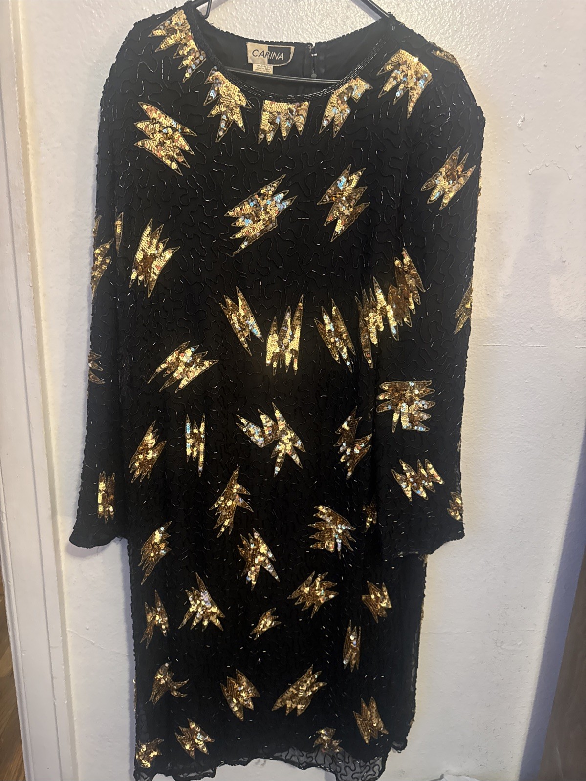 Vintage VTG 1980s 80s Carina Silk Black Beaded Gold Sequin Party Dress Sz 2X