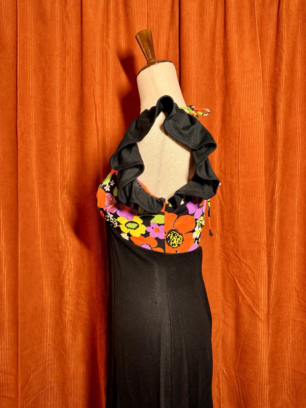Vintage Handmade 70s Style Floral Maxi Dress Black Open Back Ruffle Sleeve S/M