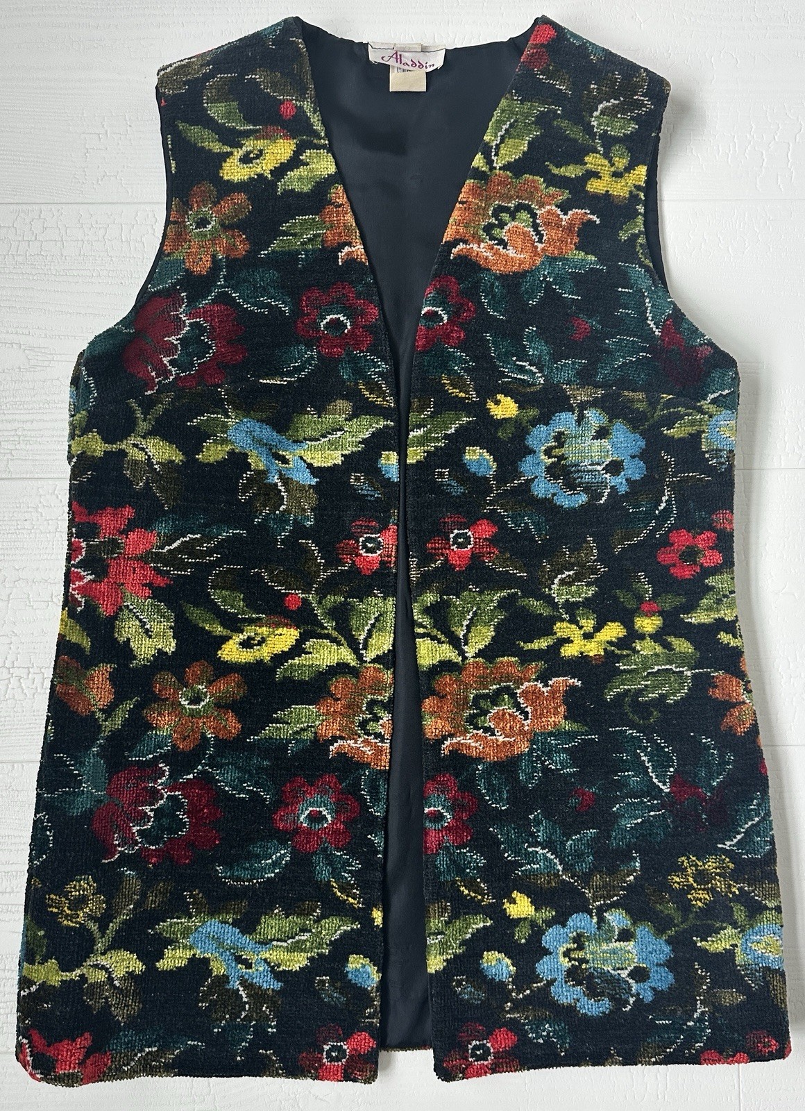 Vtg ALADDIN TAPESTRY VEST Women sz M Black Floral Fully Lined USA Made Mint!